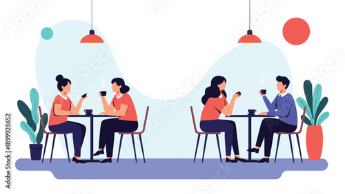 Friends and couples relaxing in a modern cafe while drinking coffee and engaging in conversation at separate tables.