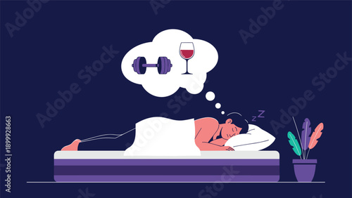 Man sleeping peacefully in a bed while dreaming about fitness weights and a glass of wine in a thought bubble above him.