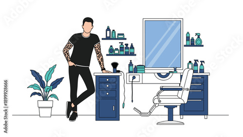 Modern professional barber with arm tattoos leaning against a tool chest in a stylish, well-equipped barbershop.