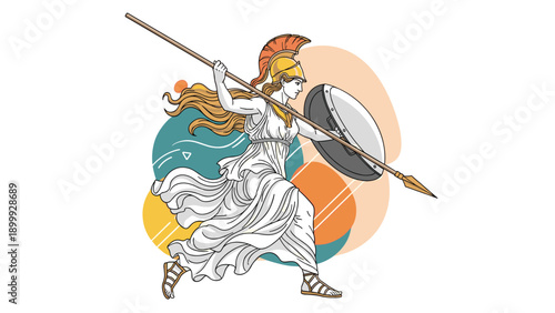 Powerful illustration of a Greek warrior goddess like Athena holding a spear and shield while charging into battle.