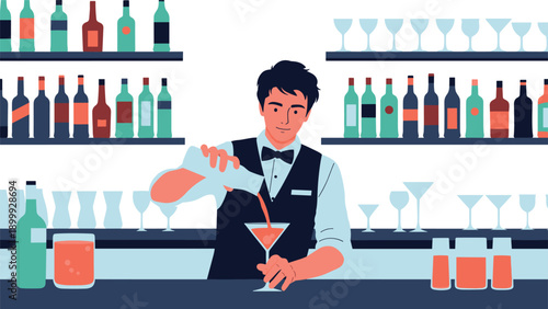 Skillful male bartender in a bow tie pouring a drink into a martini glass at a stylish bar with many colorful bottles.