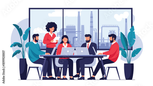 Group of diverse business professionals having a collaborative meeting around a table in a modern office overlooking an industrial facility.