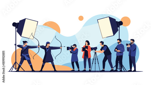 Archery athletes practice their skills while being filmed by a professional media crew in a large photo studio.