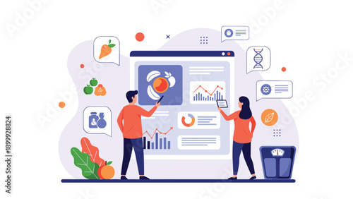 Healthy lifestyle concept showing two people analyzing nutrition data and food health charts on a large digital screen with various icons.