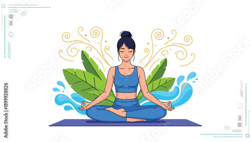 Beautiful young woman sitting in a meditative pose on a purple yoga mat with decorative water splashes and green tropical leaves.
