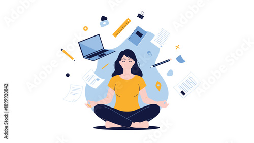 Busy woman practicing mindfulness and meditation to find balance amidst floating laptops, notebooks, pencils, and various work related items.