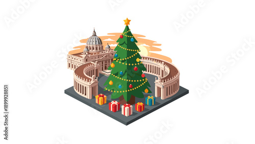 Christmas tree and st. peter's basilica in festive isometric design