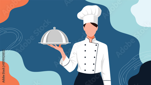 Professional female chef dressed in a white uniform and hat holding a silver serving platter with a cloche against a blue abstract background.