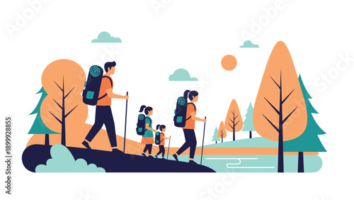 Active family with two children carrying backpacks and using walking sticks while hiking through a scenic mountain landscape during autumn.