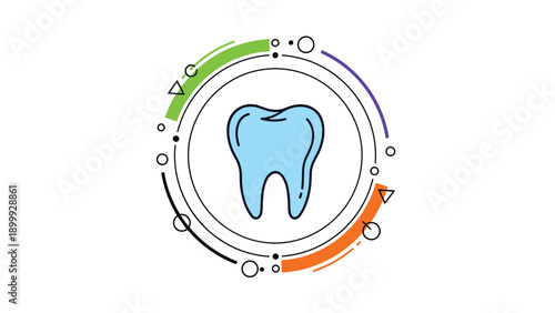 Clean and modern dental health icon featuring a blue tooth illustration within a circular frame with colorful abstract design elements.