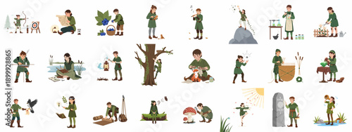 Fantasy Elves Life and Skills Vector Set: Archery, Herbalism, Alchemy, Magic, Foraging, and Adventure in a Woodland Environment.