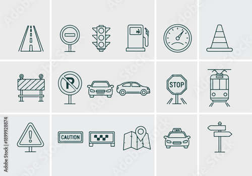 Road traffic and transportation line icons set for navigation and driving concepts
