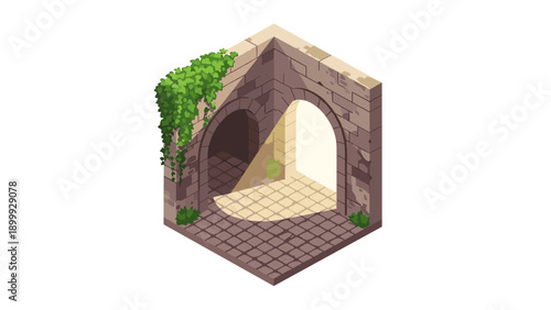 Isometric ruins with archway and ivy in sunlight