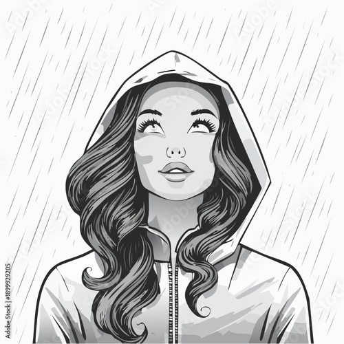 Young woman with long wavy brown hair looking up in wonder during a rain shower wearing a bright red waterproof hooded raincoat