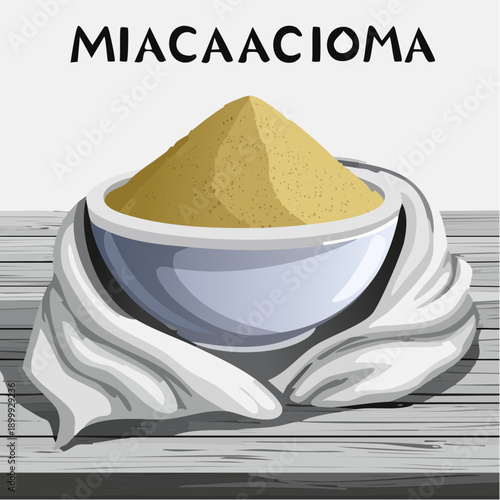 Nutritious maca powder in white ceramic bowl set against textured brown wooden surface with draped cloth backdrop.