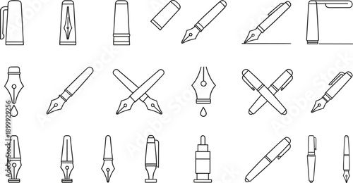 Fountain pen nib icon set showing writing tips ink drops calligraphy tools outline vector illustrations isolated