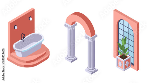Isometric interior design elements: bathtub, stone arch, and window with plant