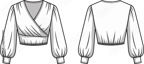 Wrap style long sleeve blouse, balloon sleeves, front and back view, fashion sketch, stylish women’s top illustration, apparel design drawing, trendy