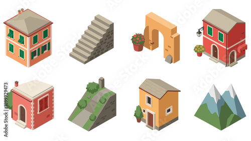 Isometric icon set of italian architectural elements and nature