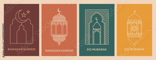Ramadan Kareem and Eid Mubarak greeting cards with lanterns and mosque silhouettes