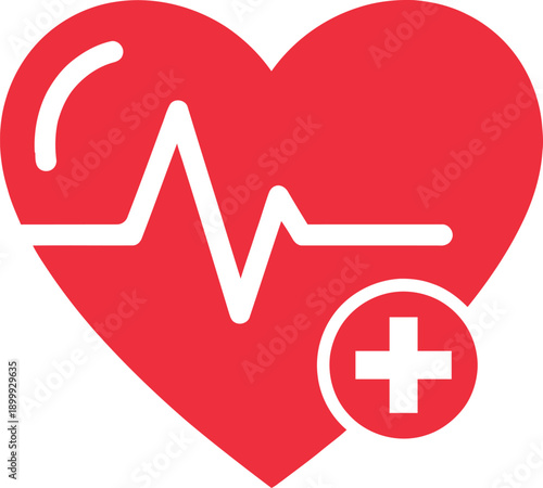 Red heart with electrocardiogram and medical cross