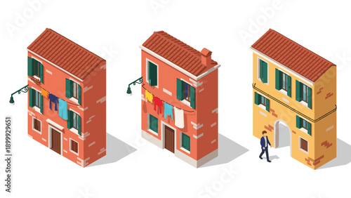 Charming italian architecture in isometric style with colorful facades and hanging laundry