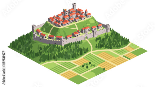 Isometric medieval castle with surrounding fields and red roofs