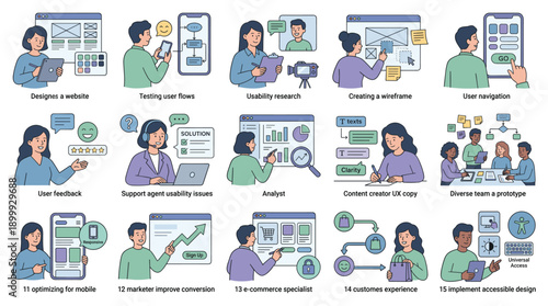 People working on computers in an office environment, collaborating on designs, and using various tools and technology together seamlessly