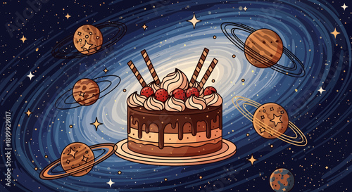 Chocolate Cake with Whipped Cream and Cherries in Space