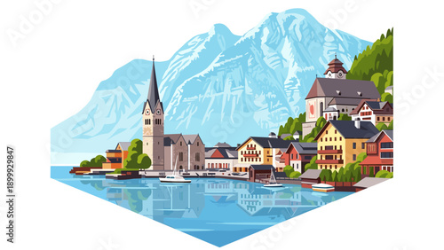 Scenic mountain village with lake view and charming historic architecture