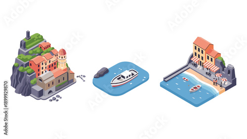 Coastal town isometric design with harbor, buildings, and beach scene