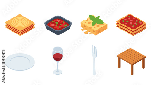 Isometric italian cuisine: lasagna, cheese, wine, and dining essentials