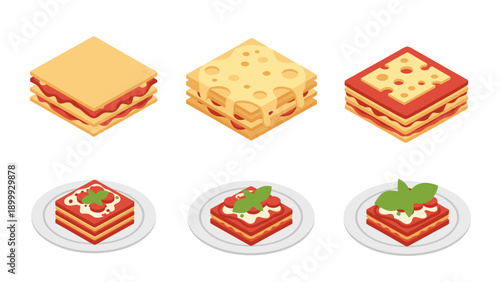 Isometric lasagna varieties with cheese and herbs on plates