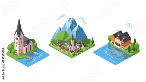 Charming european towns: isometric landscape with church, mountain village, and lakeside manor