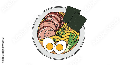 Delicious bowl of ramen noodle soup with eggs and meat