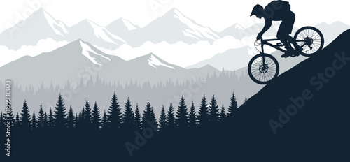 Mountain biking silhouette rider climbing steep hill with forest and alpine mountains adventure vector illustration isolated on white background for design