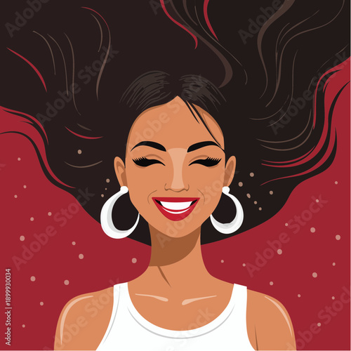 Portrait of a woman smiling with her eyes closed, wearing hoop earrings and a white tank top on a maroon background, hair flowing freely