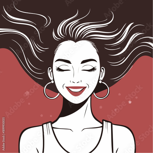 Portrait of a woman smiling with her eyes closed, wearing hoop earrings and a white tank top on a maroon background, hair flowing freely