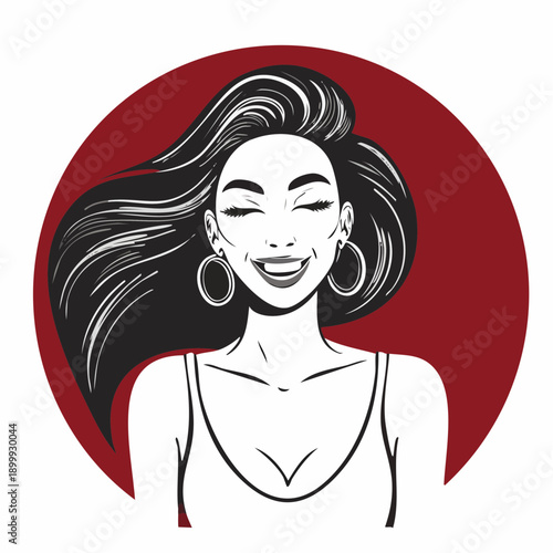 Portrait of a woman smiling with her eyes closed, wearing hoop earrings and a white tank top on a maroon background, hair flowing freely