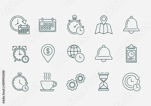 Time Management and Business Line Icons Set: Schedule, Clock, Location