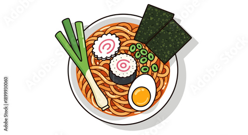 Delicious bowl of ramen noodles with egg and vegetables