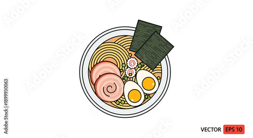 Delicious bowl of ramen noodles with eggs and meat