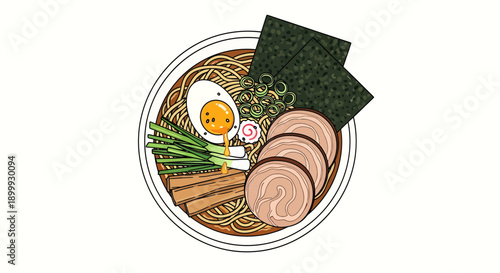 Delicious bowl of ramen with egg and meat slices