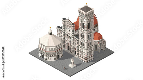 Isometric view of florence cathedral complex with campanile and baptistery