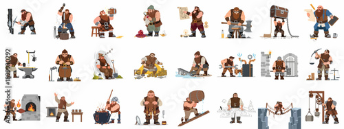 Fantasy Dwarfs Vector Set: Characters Engaged in Mining, Crafting, Treasure Hunting, and Daily Life Activities on White Background.