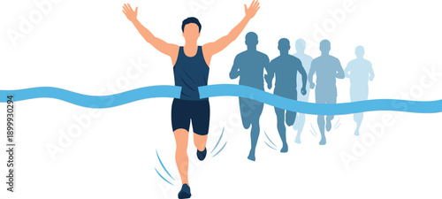 Man crossing finish line with arms raised in victory