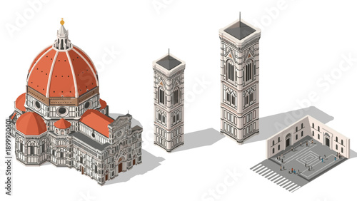 Isometric florence duomo complex with bell towers and piazza elements on white background
