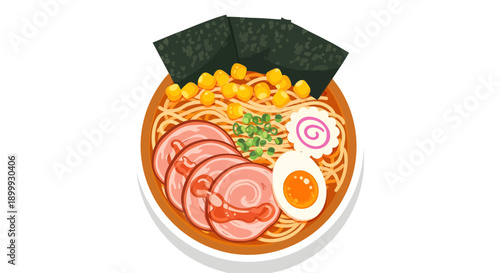 Delicious Japanese Ramen Bowl with Pork, Egg, Seaweed, and Corn - Classic Asian Noodle Soup Dish