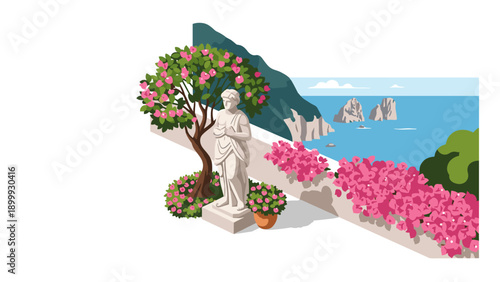 Gardens and ocean view with classical statue and coastal background