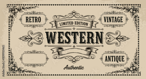 Vintage western retro label template with ornate frame limited edition banner and authentic antique typography isolated background for branding and packaging design